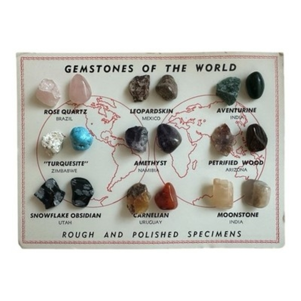 Vintage Gemstones of the World Display Card 9 Specimens 18 Rough Polished Stones